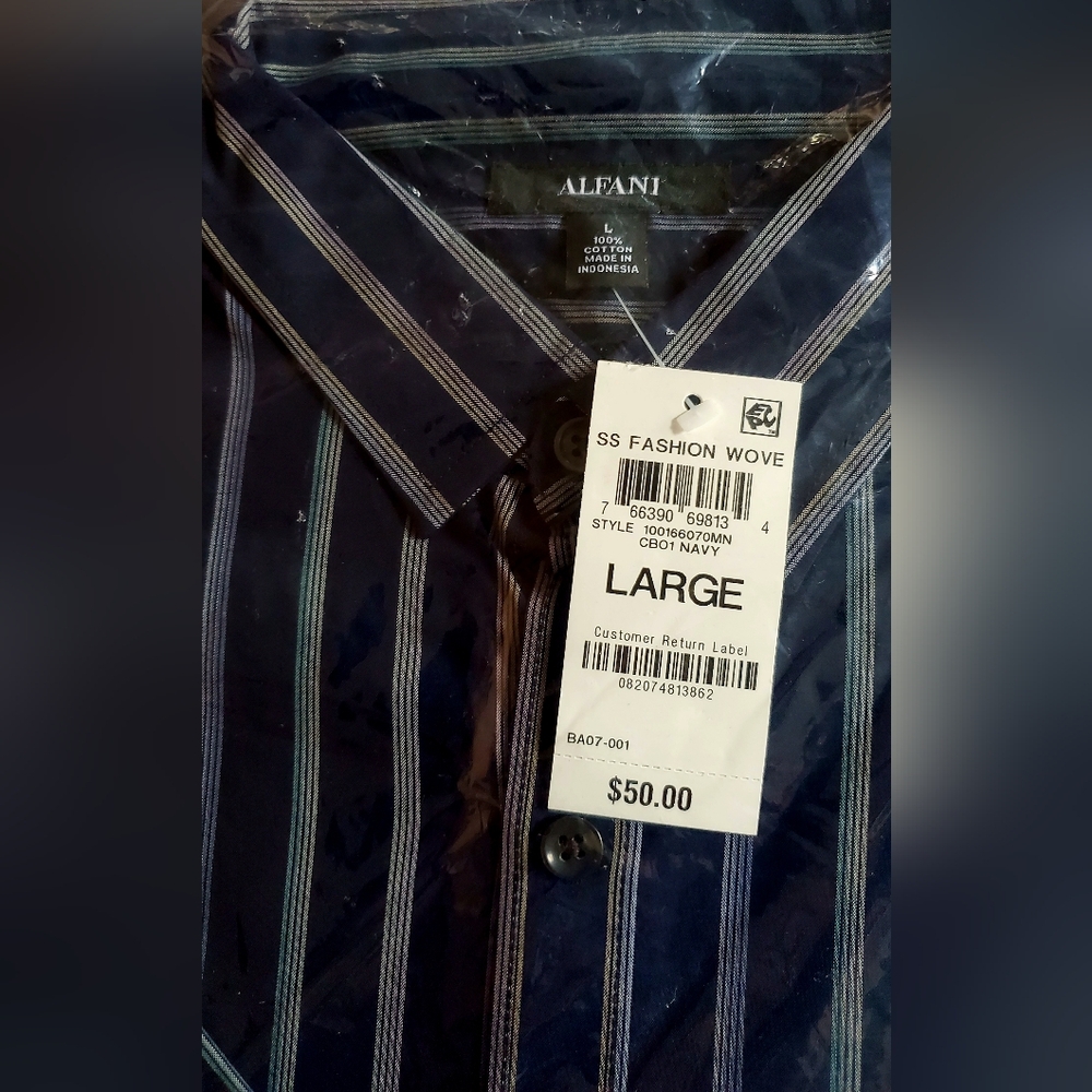 Alfani Men's Dark Blue and White Striped Shirt - Picture 3 of 4